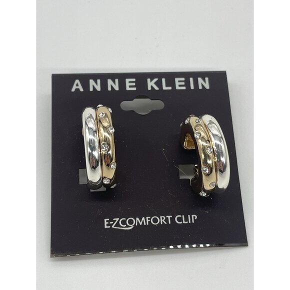 Anne Klein Women's Two Tone Hoop Comfort Clip Earrings Crystals Party Wedding - Picture 1 of 3